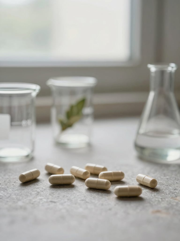 Macro photograph of clean laboratory glassware and botanical supplements on a warm gray stone surface, soft natural window light, shallow depth of field
