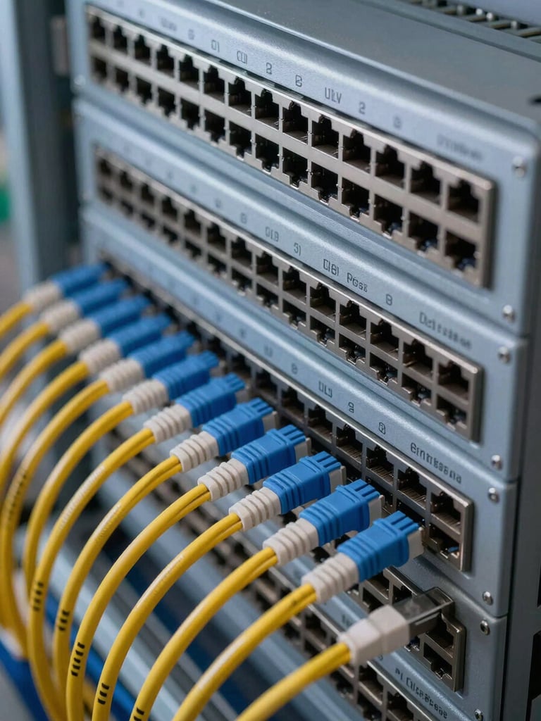 Close-up overhead of a network patch panel, dense rows of RJ45 cables color-coded and labeled, cable management channels visible, cool even studio lighting, sharp focus on connector housings and port labels