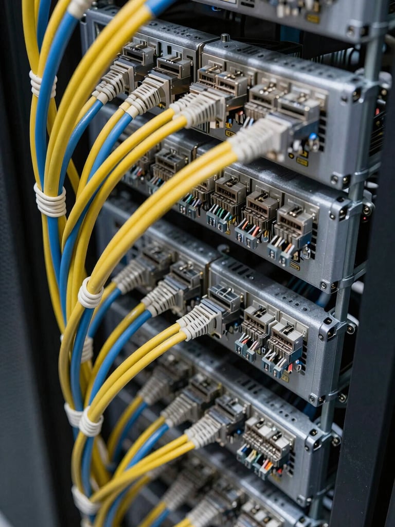 Close-up overhead shot of dense network cable runs in an active server room, tightly bundled CAT6 cables color-coded and routed through cable management trays, cool even studio lighting revealing individual cable detail, no people visible, sharp technical clarity