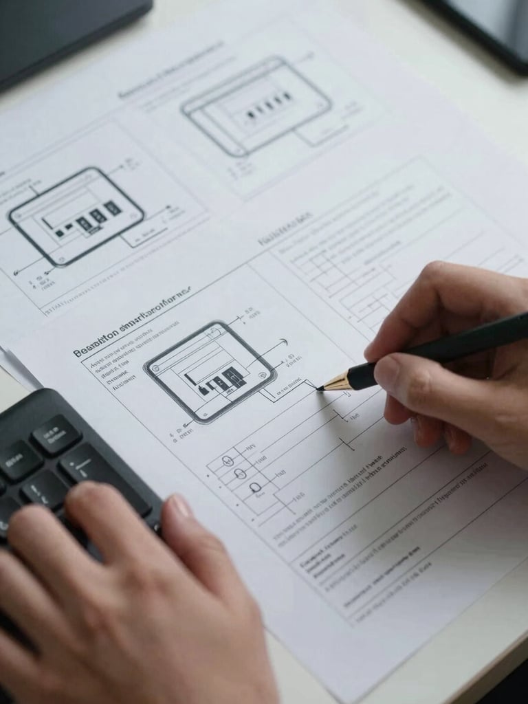 Close-up overhead shot of hands at a keyboard reviewing workflow diagrams and technical documentation spread on a desk, cool daylight, sharp focus on printed system diagrams and annotated process maps