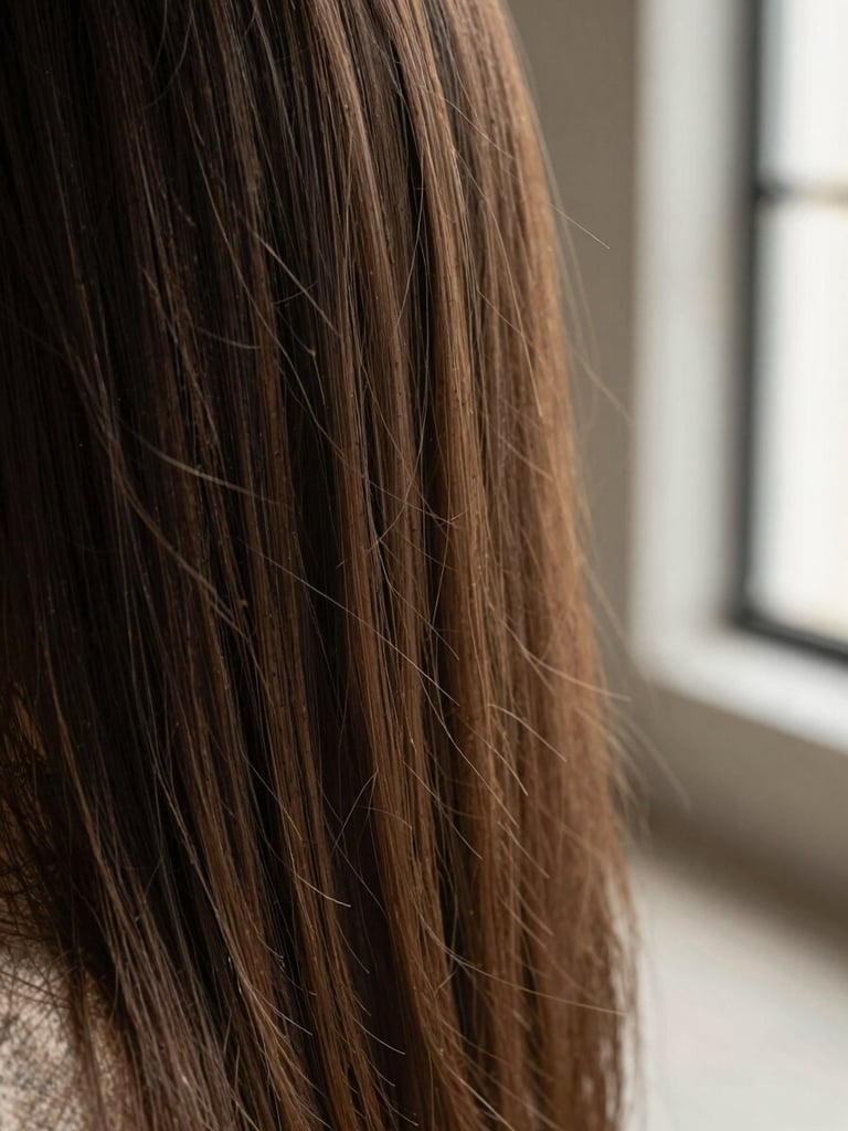 Close-up macro shot of healthy hair texture and natural movement, soft diffused window light, shallow depth of field, warm concrete tones.