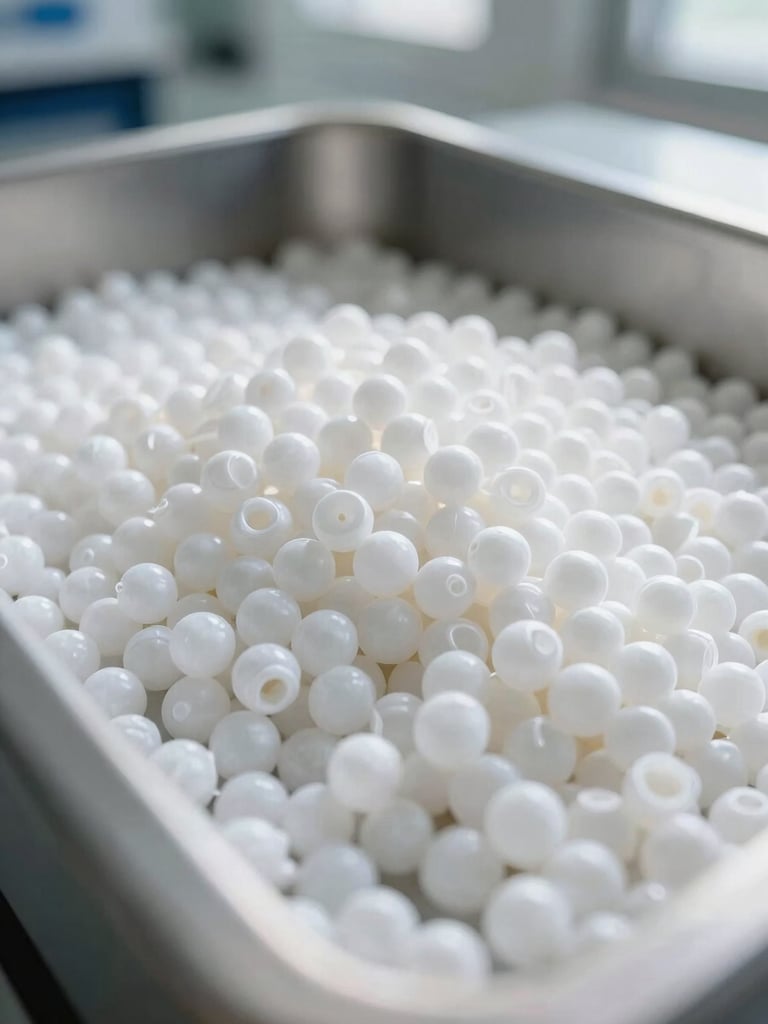 Close-up macro shot of raw plastic pellets in a clean laboratory setting under bright overhead lighting, industrial documentary photography style