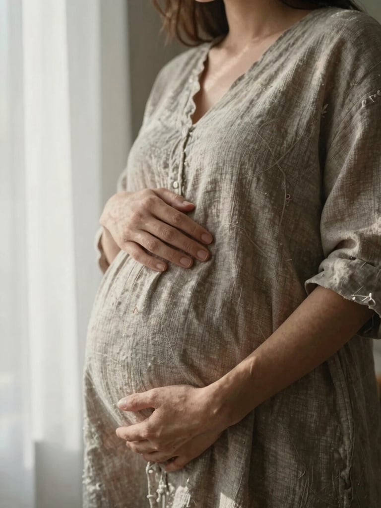 Close-up portrait of an expectant mother, soft side window lighting casting gentle shadows, rich textures of her linen dress.