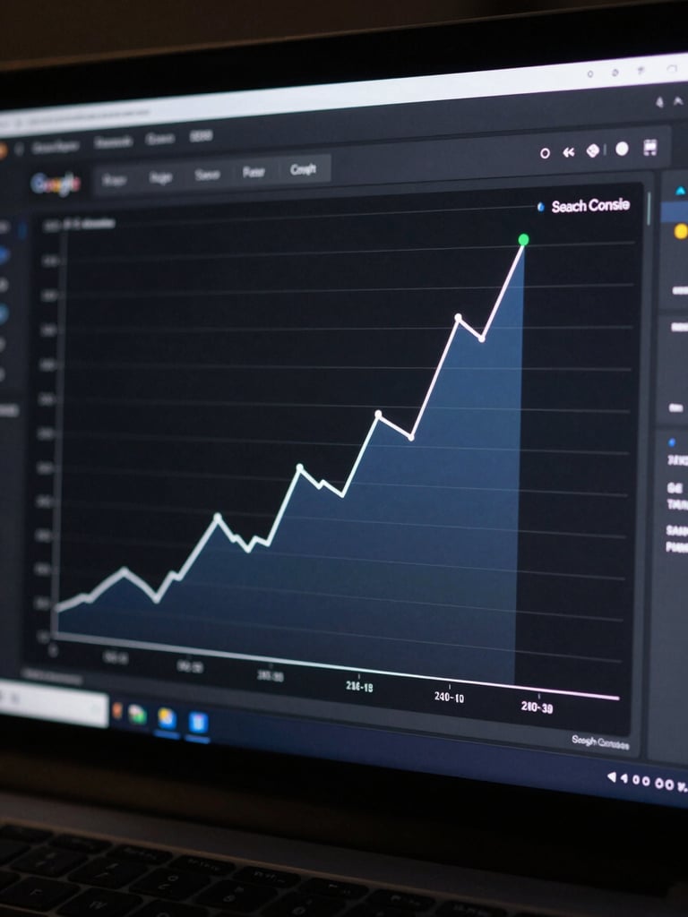 Tight crop on a dark-mode SEO dashboard screen filling the frame — a Google Search Console traffic graph showing a sharp upward spike in the right half of the chart, the peak annotated with a green data point, screen glow the only light source, deep blue and white data lines on near-black background, no surrounding desk or hands visible