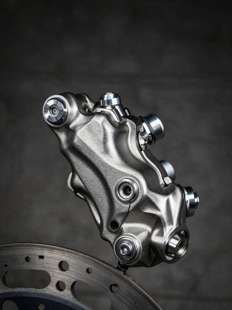 Macro close-up of a high-performance motorcycle brake caliper, sharp metallic textures, dark industrial concrete background, dramatic side-lighting
