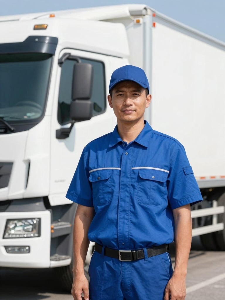 Portrait of a professional, proud logistics operator in a clean blue uniform, standing in front of a modern white corporate truck, bright daylight, sharp commercial style.