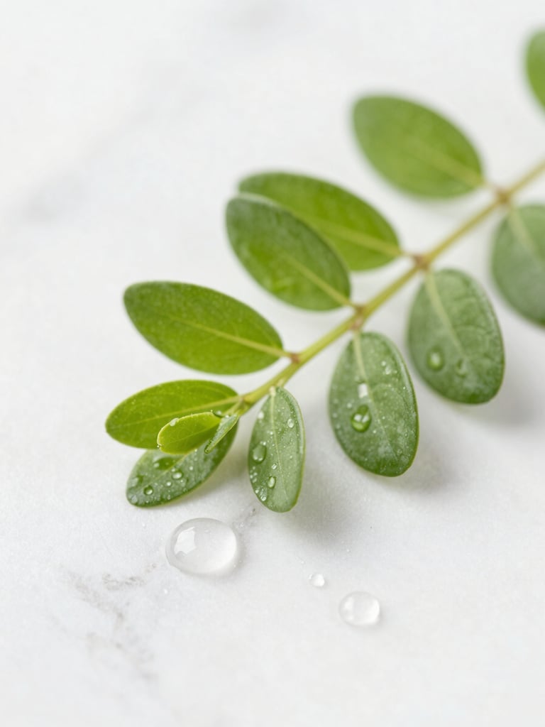 Macro shot of fresh green botanicals and clean water droplets on a white marble surface, bright editorial lighting.