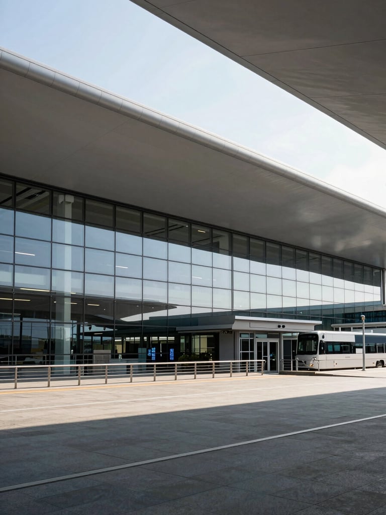 Expansive architectural view of a modern airport terminal at daylight, clean lines, high-contrast shadows, glass facades reflecting a clear sky.