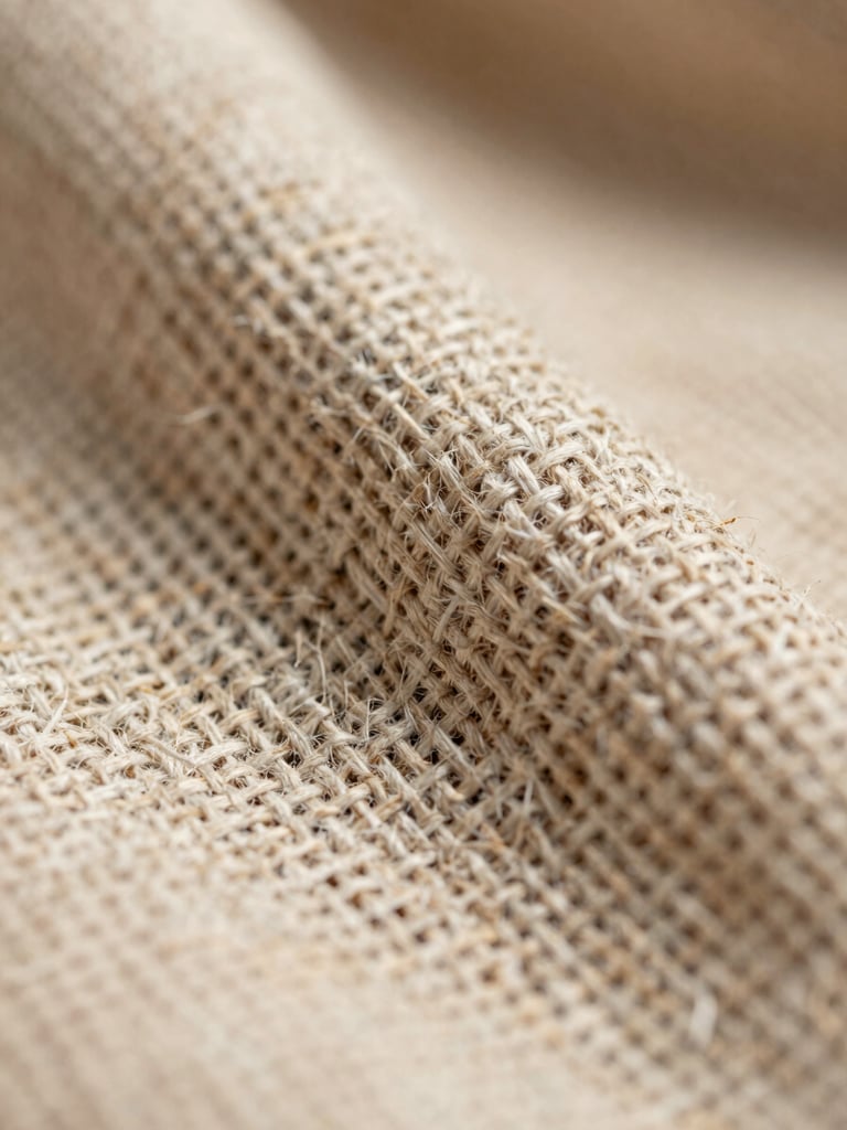 Extreme macro close-up of heavy cotton canvas weave, showing precise thread structure, neutral sand tone, high-contrast morning light.