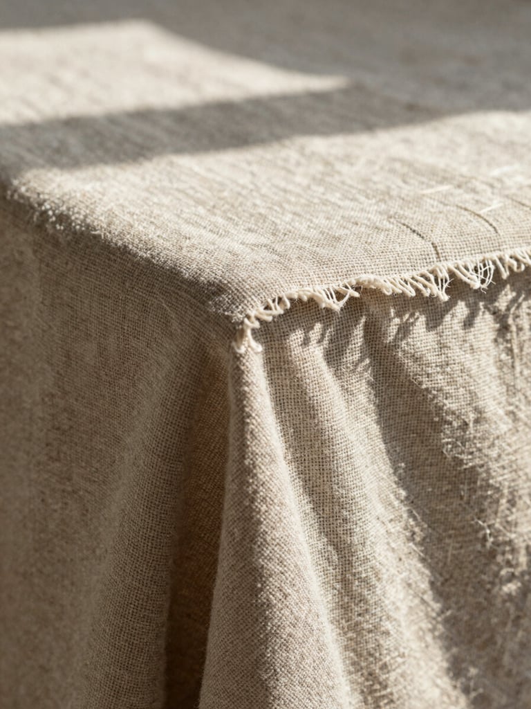Extreme close-up portrait of heavy linen weave fabric, focusing on raw edge construction and natural texture under sharp midday sun shadows.