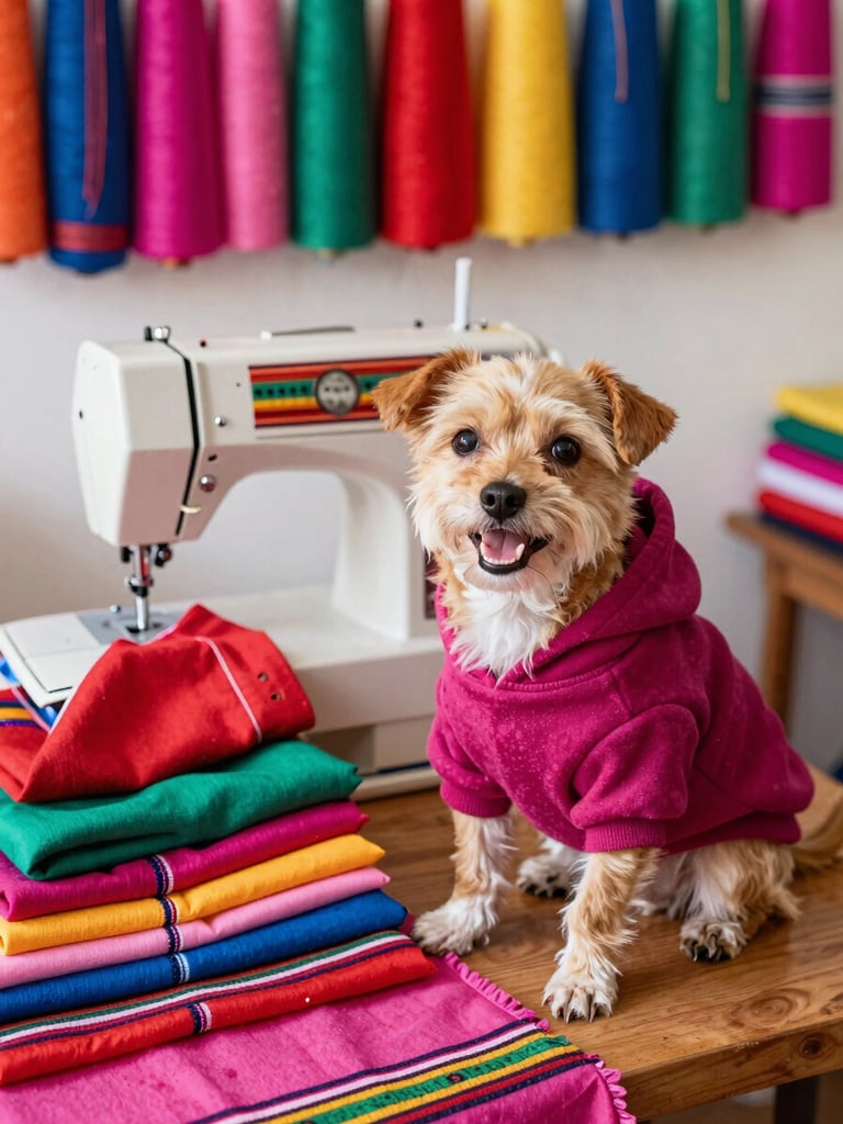 A cozy Mexican workshop with colorful fabrics, a sewing machine, and a happy small dog wearing a handmade magenta hoodie sitting nearby, warm daylight