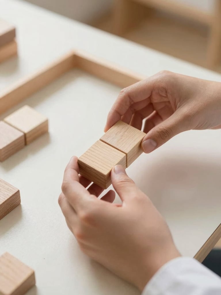 Close-up of hands holding wooden educational blocks on a light table, soft focus, warm natural daylight, gentle earth tones, 35mm