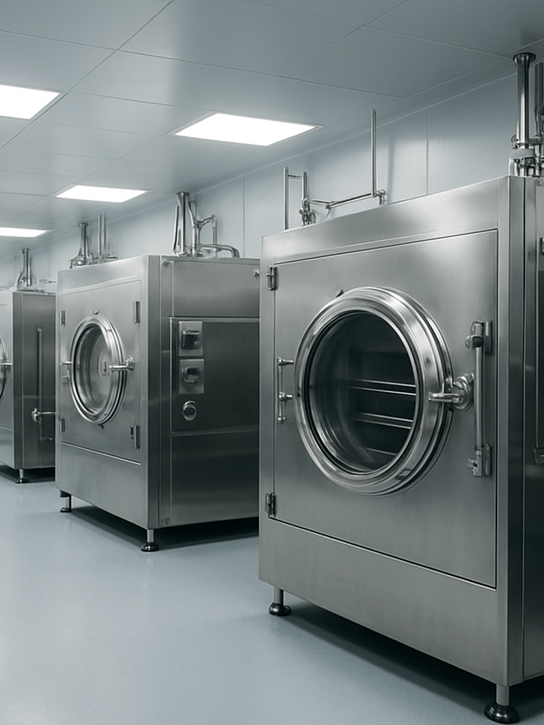 Wide shot of a GMP lyophilization production line interior, automated stainless-steel freeze-drying chambers in a clean room, cool white fluorescent overhead lighting, no personnel visible, sterile and precise industrial environment