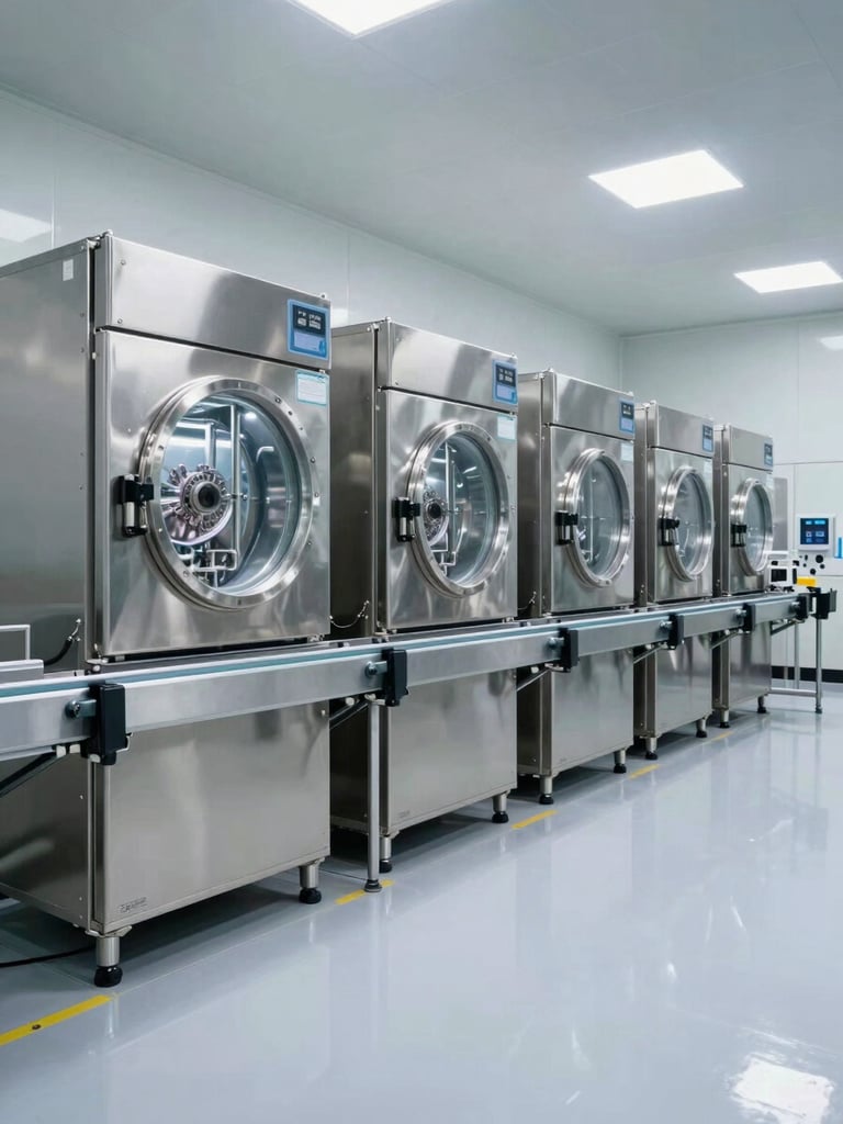 Wide environmental shot of a GMP lyophilization production line, stainless steel freeze-dryer chambers in a row, polished white epoxy floor reflecting ceiling lights, automated conveyor at mid-frame, cool shadowless clean-room lighting, no personnel