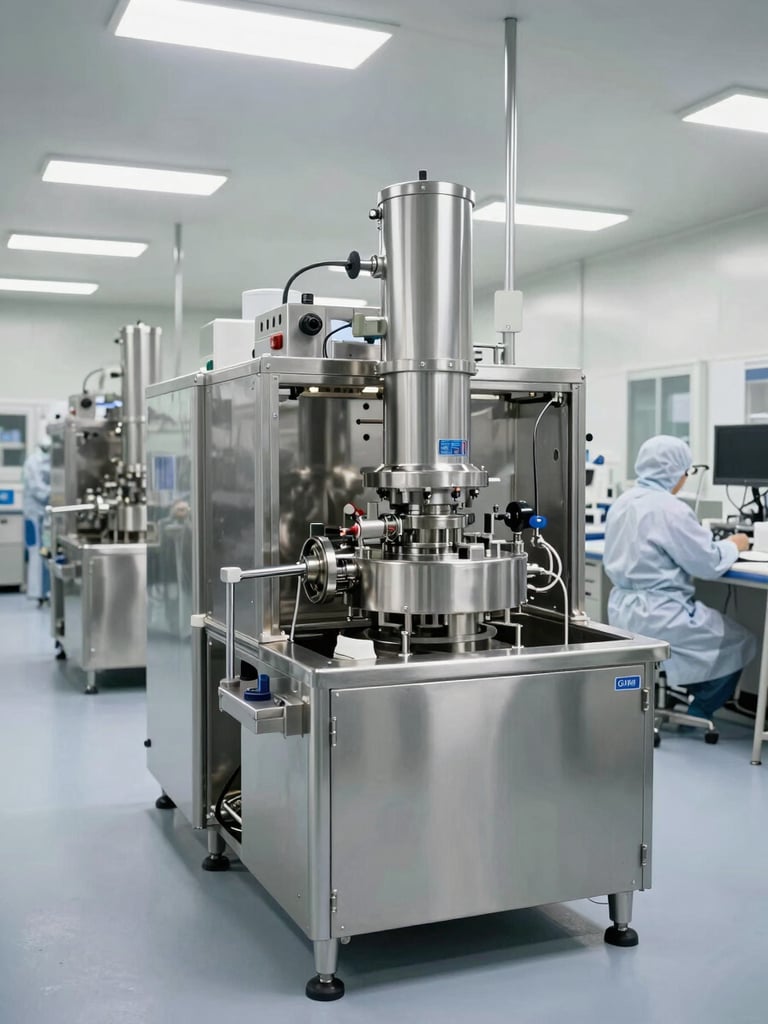 Wide-angle interior of a GMP-certified lyophilization production floor, automated stainless-steel processing lines receding into the background, cool even overhead fluorescent lighting, clean-room gowns visible at workstations, no people's faces, precise clinical atmosphere