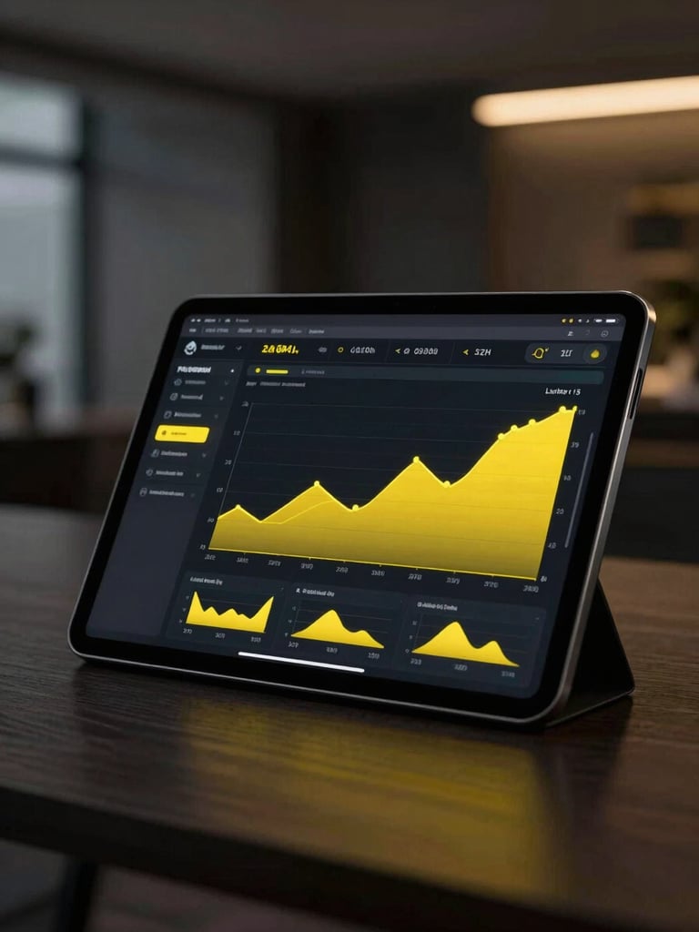 Sleek modern tablet displaying a dark UI dashboard with glowing yellow graphs, professional hotel office environment, dramatic side lighting, 35mm