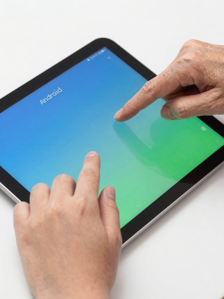 Close-up of a child's hand and a senior's hand together interacting with a clean Android tablet interface, warm screen glow, crisp studio daylight.