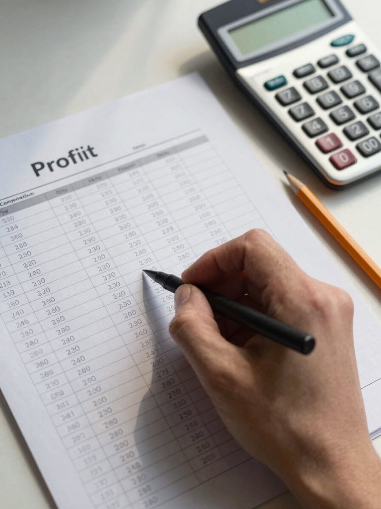 Close-up overhead view of a completed profit tracker on ruled paper, hand-written numbers in neat columns, a calculator and pencil beside it, natural north-facing window light casting soft shadows