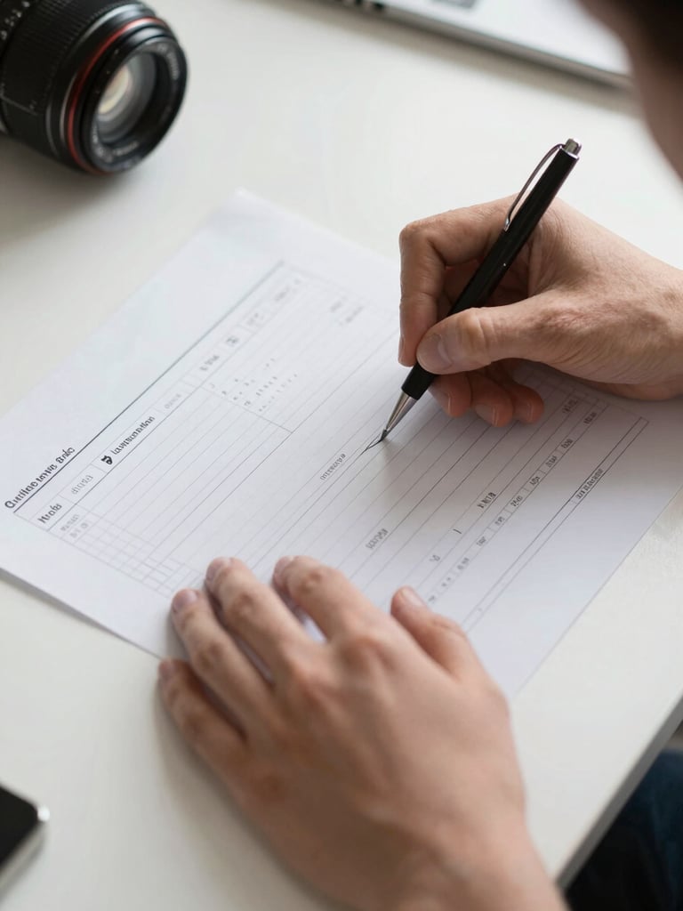 Close-up overhead view of hands filling in a printed budget sheet on a clean white desk, pen resting on paper, soft natural north-facing daylight, crisp shadows on the document