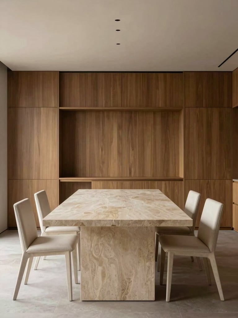Architectural portrait of a luxury dining room, a monolithic natural stone dining table, minimalist chairs, understated walnut cabinetry, soft warm ambient lighting, editorial composition