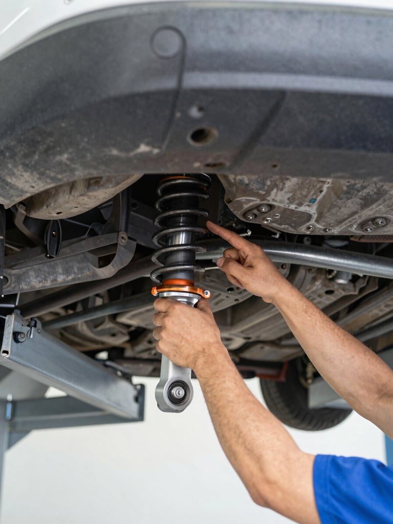 Close-up of a mechanic's hands pointing at a car's undercarriage on a lift, bright workshop lighting, focus on suspension components.