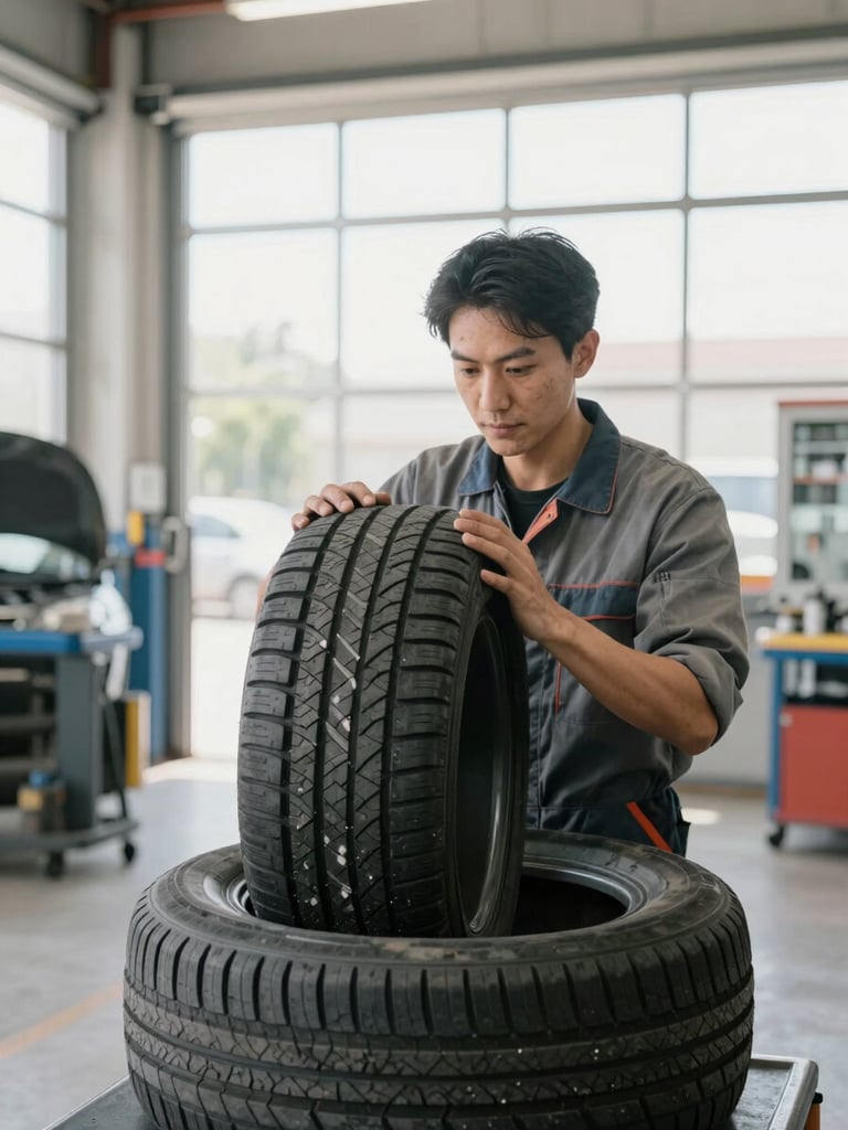 Medium shot of a mechanic's hands checking tire tread depth in a bright, clean garage workshop, natural daylight, neutral steel tones, sharp focus, 35mm lens.