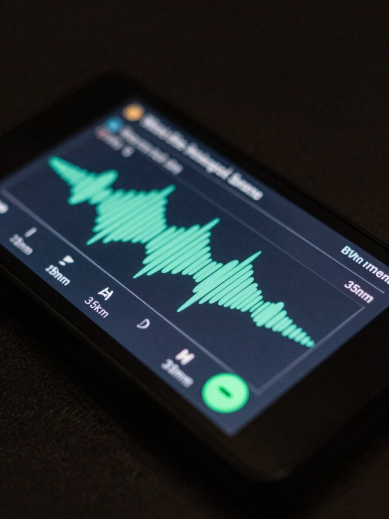 A close-up screenshot of a secure digital music player interface, displaying waveform visualization, metadata tags, and a glowing green active status indicator, 35mm.