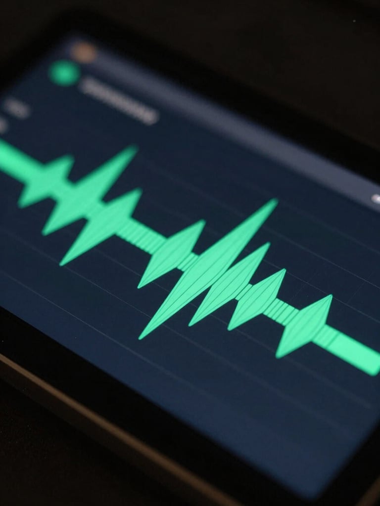 A clean digital interface of a secure audio player on a dark screen, showing a waveform with sharp neon green indicators, close-up, shallow depth of field