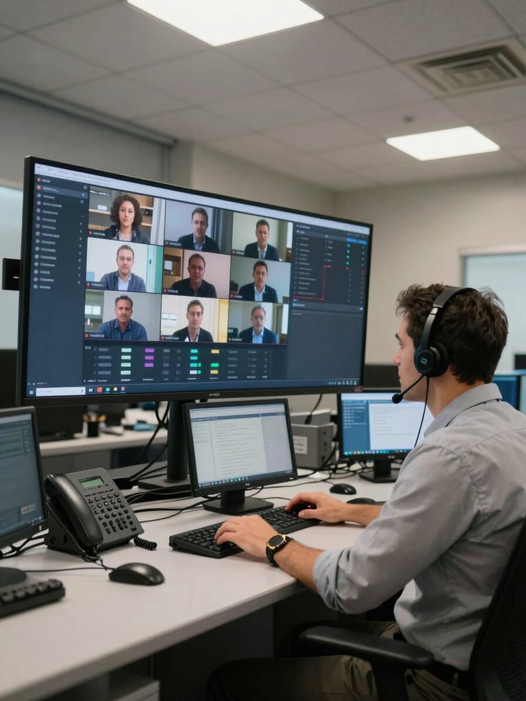 Wide shot of a contact center control room at 2pm, a supervisor at a standing desk reviewing a live call dashboard on a large wall-mounted monitor, headset around neck, fluorescent overhead lighting, phone system hardware visible in background, environmental and operational in framing