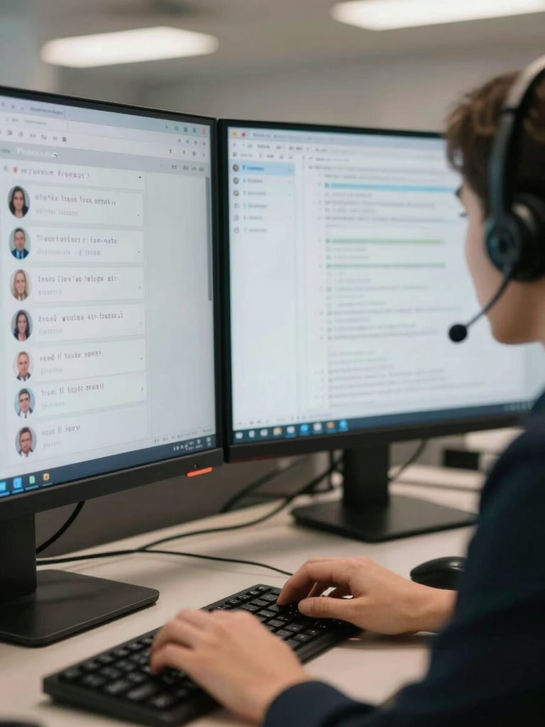 Close-up of a contact center agent's dual monitors mid-call, a live chat interface visible on one screen with structured bot conversation threads, hands resting on keyboard, even fluorescent office lighting, tight editorial framing