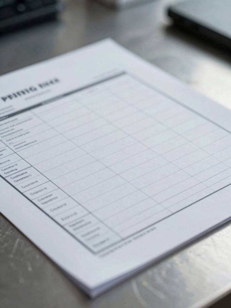 Macro close-up of a shipping manifest document with architectural grid lines, resting on a steel desk under cool, high-contrast office lighting.