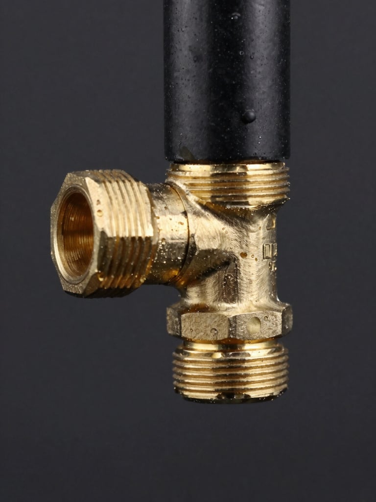 Macro technical photography of a brass elbow fitting connected to a black plastic pneumatic tube, high contrast studio lighting on a dark background