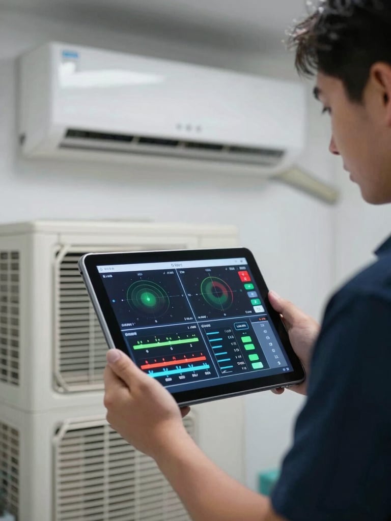 A digital diagnostic tablet showing real-time temperature and airflow metrics in Arabic, held by a professional technician in front of a clean indoor AC unit.