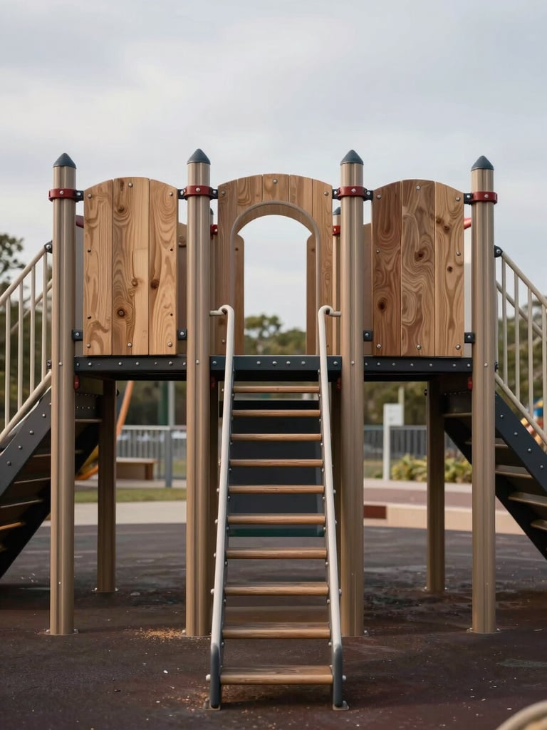 Straight-on, structured, architectural view of a modern public playground with steel joints and timber connections, neutral daylight, overcast sky, high-quality technical detail.