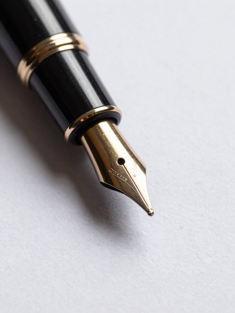Macro close-up of a classic fountain pen tip resting on thick textured white paper, sharp shadows, high-contrast corporate editorial lighting.