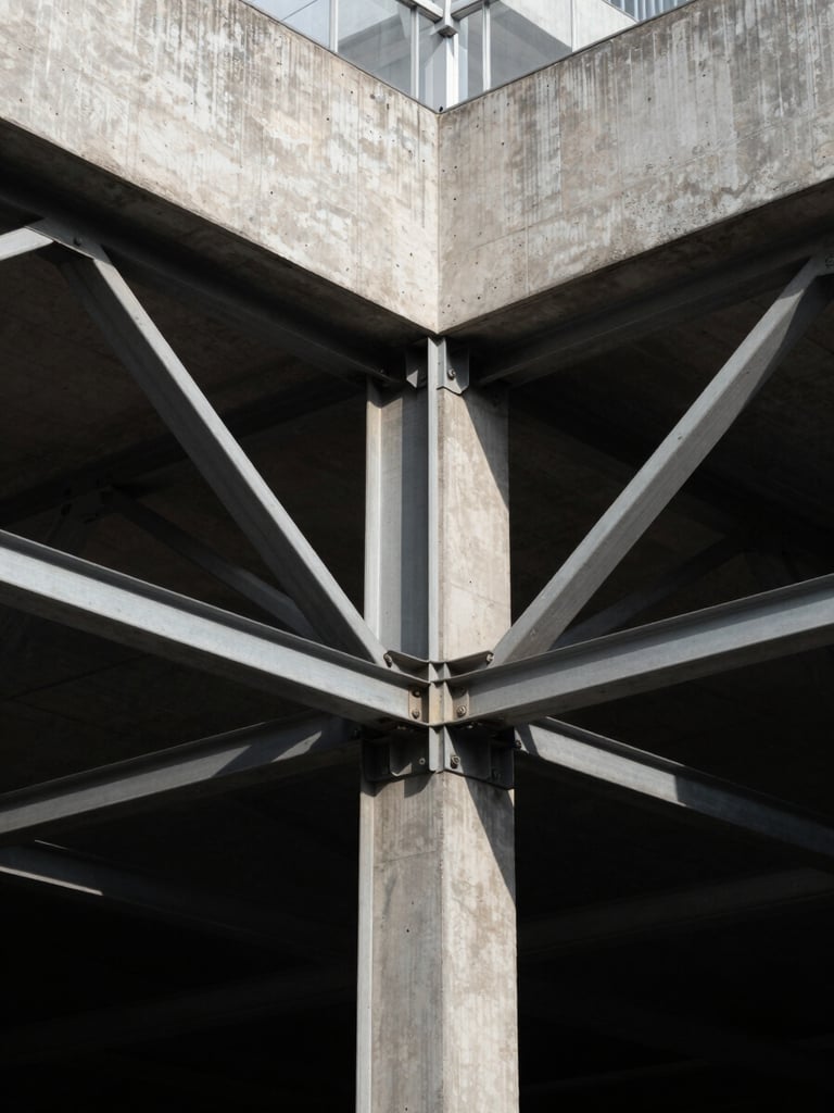 Symmetrical architectural details of a modern steel and concrete joint, high-contrast directional light, deep geometric shadows.