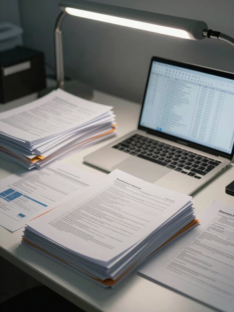 Wide shot of a researcher's desk with printed regulatory submission documents stacked and tabbed, a laptop open to a data table, overhead office light, papers spread across the surface showing dense text and charts