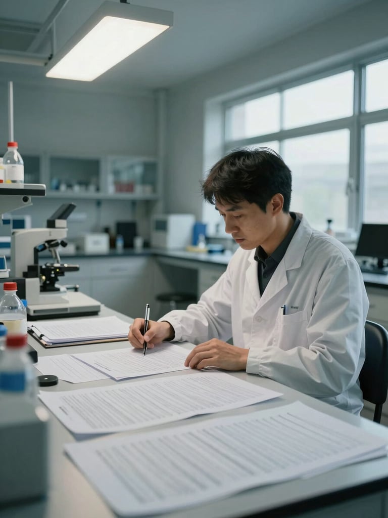 Wide documentary frame, researcher seated at a laboratory bench under overhead fluorescent and natural window light, papers and data printouts spread across the desk surface, hands resting on open documents, lab environment visible in background, muted cool tones