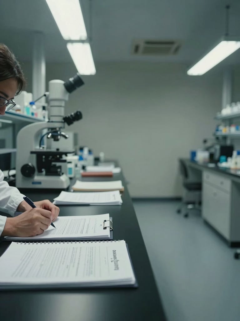 Wide shot of a laboratory bench under cool overhead fluorescent light, left-side framing with generous negative space to the right — printed research documents and a spiral-bound protocol binder visible in the foreground, a researcher's hands annotating a page with a pen, data printout partially legible in the background
