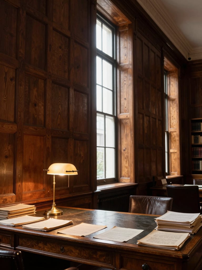 Wide vertical interior of a high-ceilinged private reading room, tall oak-panelled walls receding to the right, a single brass reading lamp casting warm tungsten light on a leather-topped desk, aged document folios stacked at the edge of the desk, deep institutional shadows filling the upper corners, north-facing daylight entering through a narrow off-centre window, no people