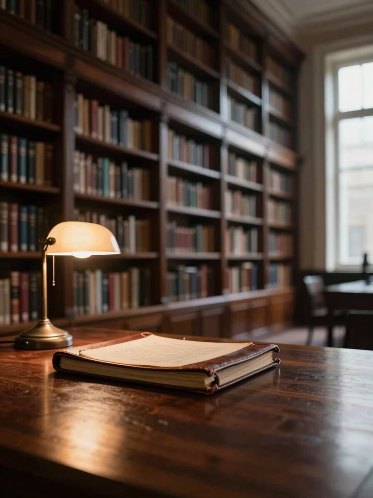 Wide environmental interior shot, left-to-right composition — a mahogany desk occupies the left foreground, a closed leather-bound folio rests upon it, warm tungsten reading lamp casting amber light on aged paper, deep shadow receding into a high-ceilinged library room, bookshelves of dark wood visible in soft focus background, north-facing window light entering from far right, no people, no screens