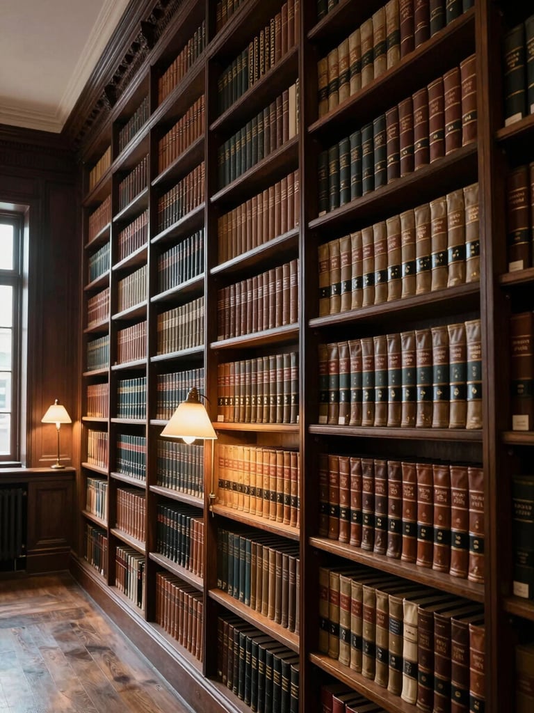 Wide interior of a high-ceilinged private law library, dark mahogany shelving lined with leather-bound volumes stretching to the ceiling, a single reading lamp casting warm tungsten light on aged spines, no people, north-facing institutional daylight entering from the left, quiet and still