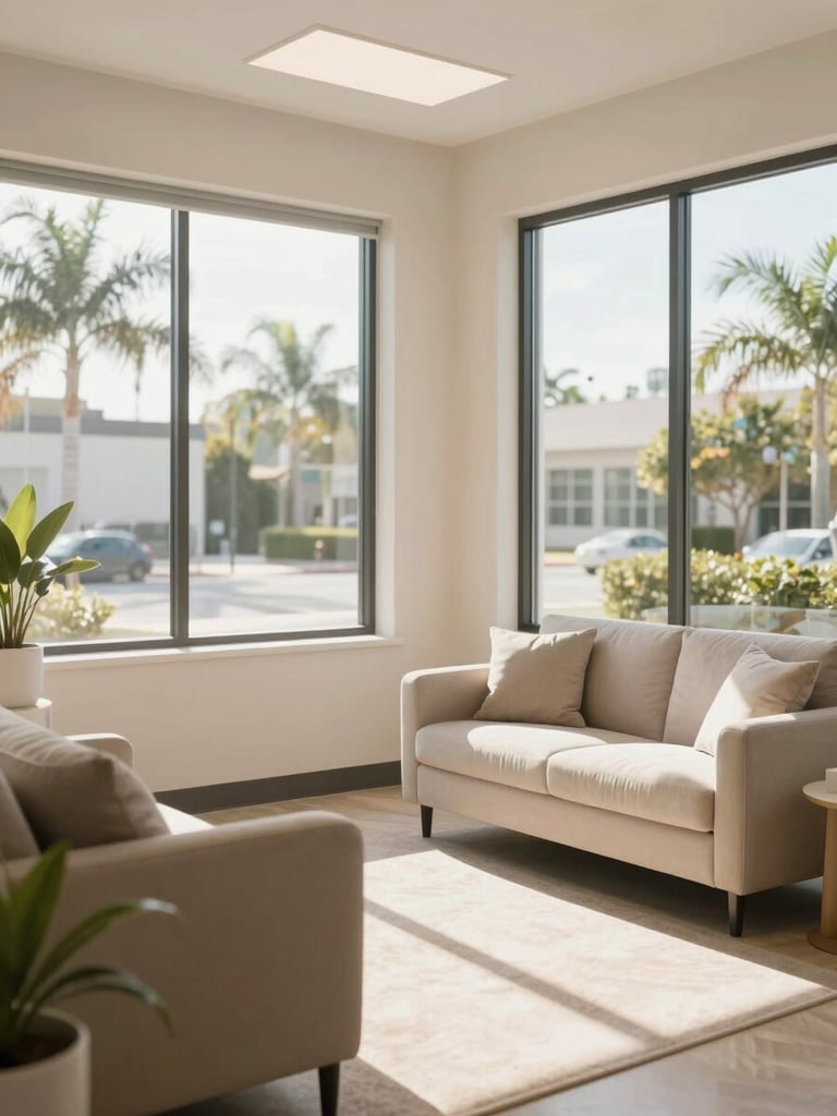 A clean, modern health consulting room in Boynton Beach with large windows, bright Florida morning sunlight casting soft shadows on comfortable seating and minimalist decor.