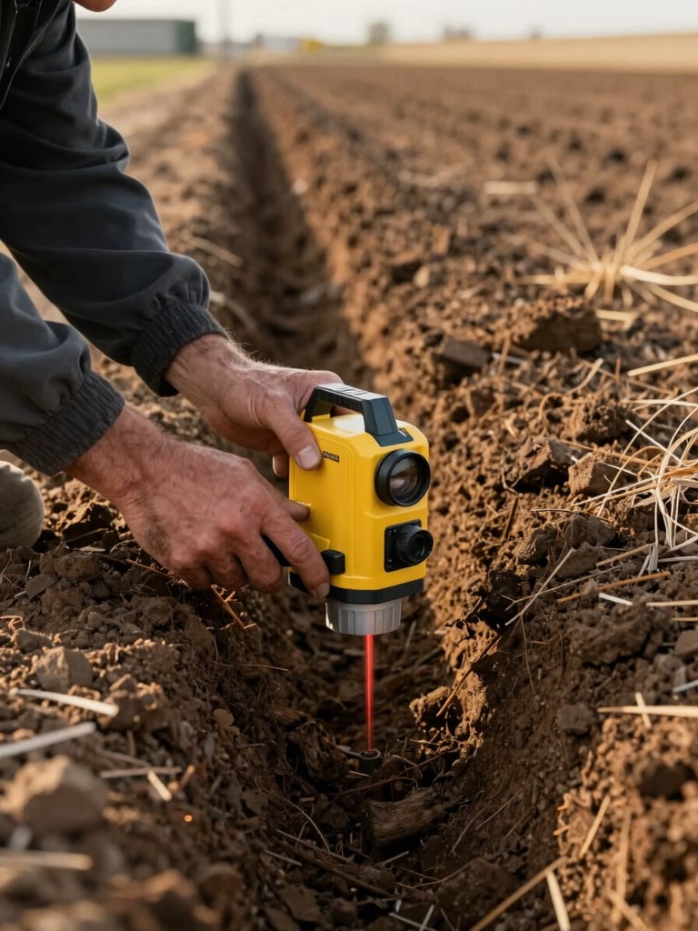 Close-up detail shot of a clean-cut operator checking laser level on a freshly trenched utility line in rich Idaho soil, bright daylight.