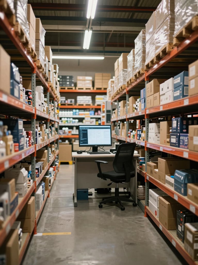 Wide shot of a supermarket stockroom back office, shelves with inventory boxes, a monitor showing a management dashboard on a desk, overhead fluorescent lighting, no people