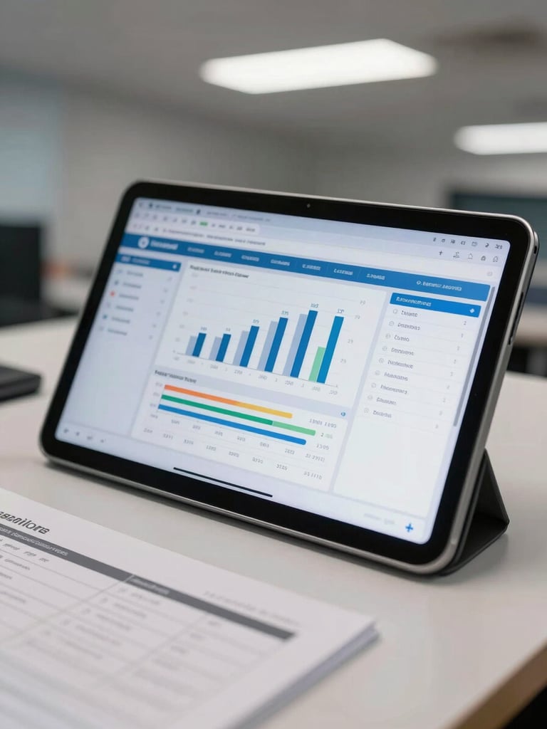 Close-up of a tablet screen showing a retail ERP dashboard with bar charts and stock tables, resting on a clean office desk with printed reports nearby, overhead fluorescent lighting, no faces, real business environment