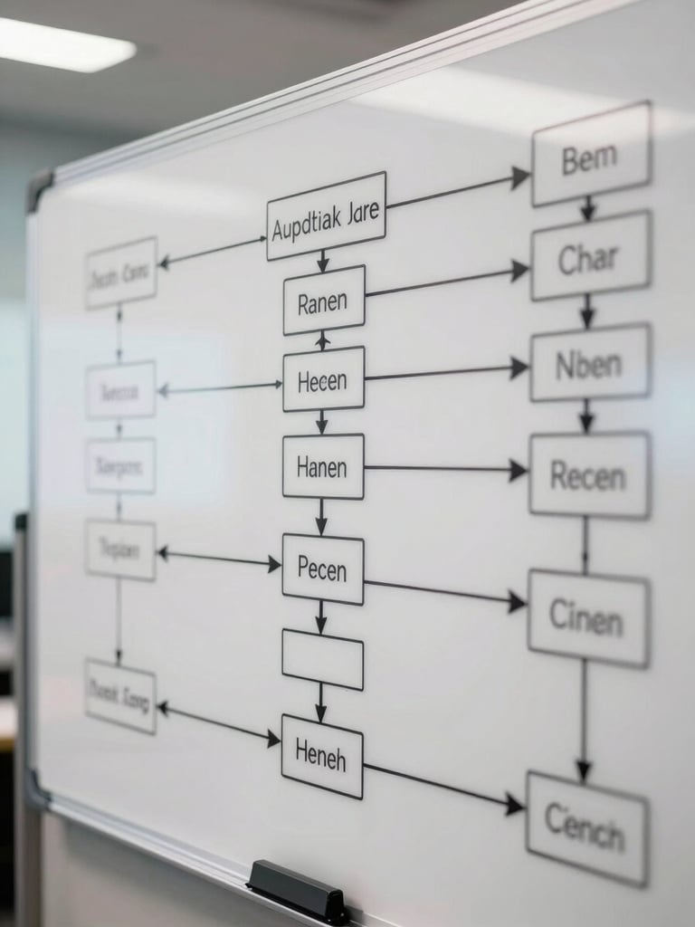 A close-up technical diagram on a whiteboard showing communication flowcharts, structured nodes, and operational protocols, crisp office lighting, high contrast.