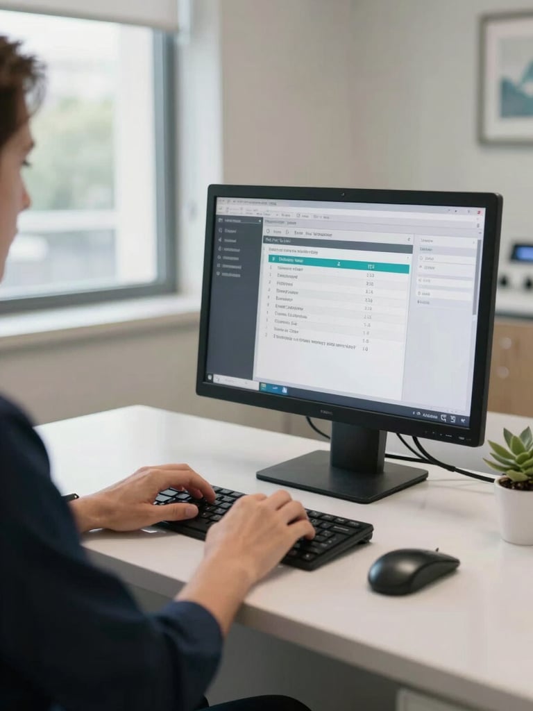 Wide environmental shot of a dental clinic reception workstation, close view of hands navigating scheduling software on a desktop monitor, natural daylight from a side window, real clinic setting, no people looking at camera