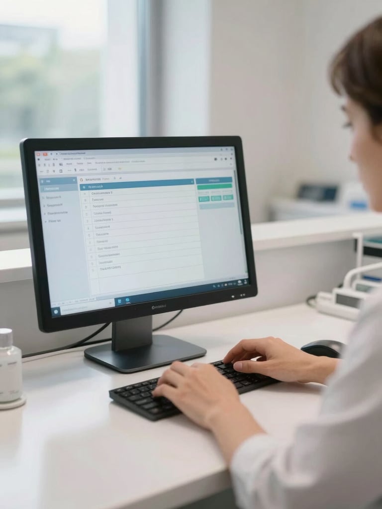 Wide environmental shot of a dental clinic reception workstation, hands navigating scheduling software on a desktop monitor, soft natural daylight from a side window, clean desk surface, no people looking at camera