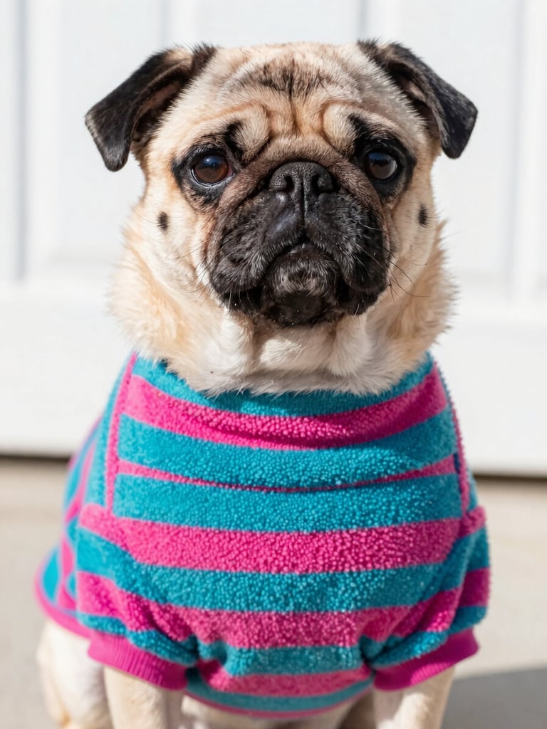 Close-up of a pug wearing a perfectly fitted custom teal and berry pink striped fleece sweater, showing comfortable neck fit, bright outdoor lighting